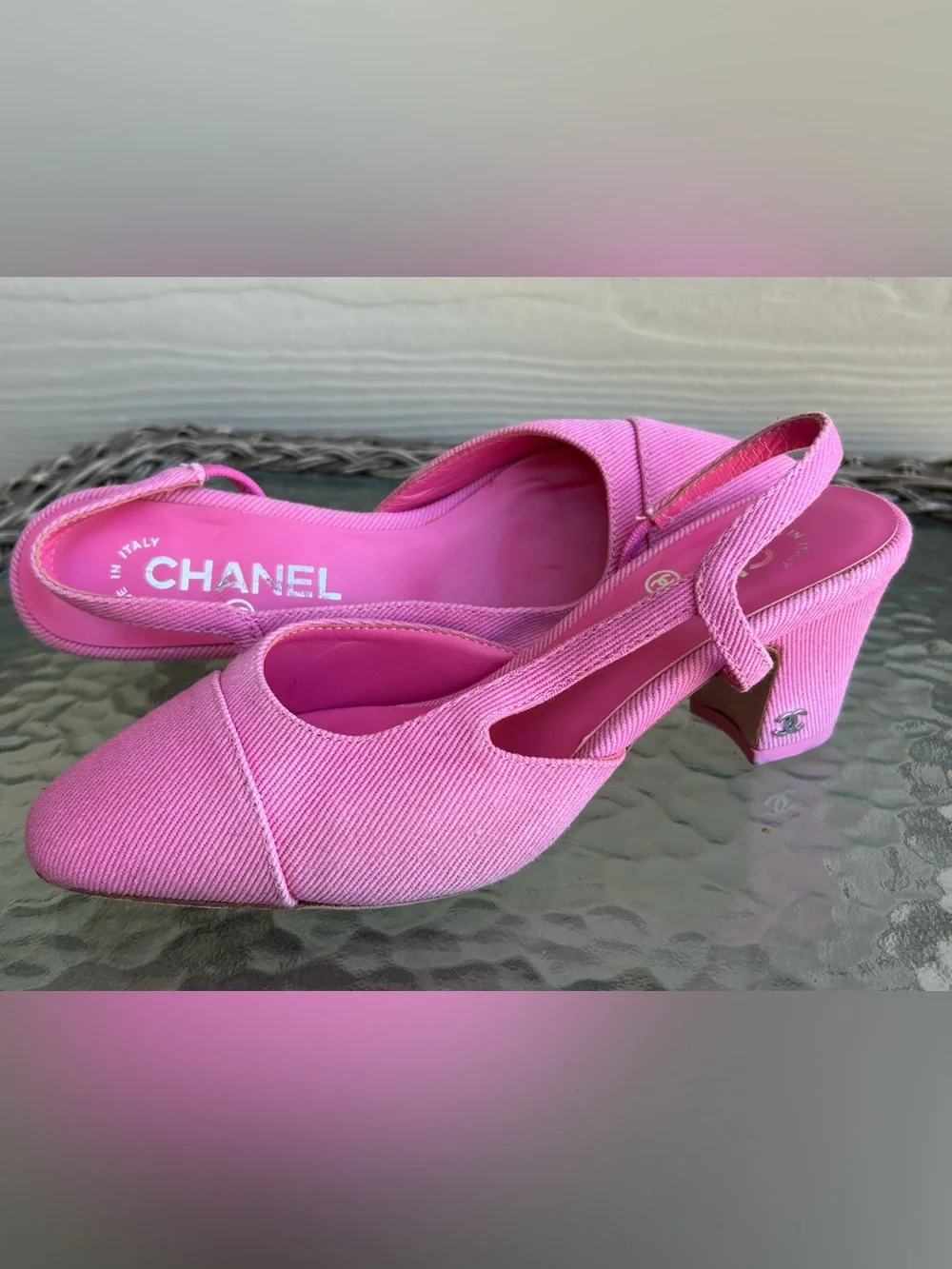 CHANEL Pink Denim CC Slingback Heels sz 37 US 6.5